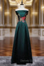 Dark Green Satin Off the Shoulder Appliques Prom Dress
