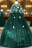Dark Green Tulle Long Prom Dress, A-Line Long Sleeve Evening Party Dress With Butterfly Appliques