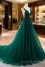 Dark Green V-neckline Lace Long Beaded Prom Dress, Dark Green Party Dress