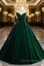 Dark Green Velvet Prom Dress Vintage Gold Beaded Neckline Evening Gown