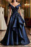 Dark Navy A-Line V Neck Satin Long Prom Dress Simple Applique Evening Dress