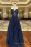 Dark Navy Blue Long Lace Prom Dress, Dark Navy Blue Long Lace Formal Evening Dress