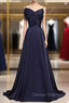 Dark Navy Blue Long Satin Prom Dress, Dark Navy Blue Long Formal Evening Dress