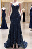 Dark Navy Blue Prom Dress Sequins Mermaid Tulle Long Evening Dress Spaghetti Straps