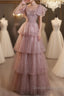 Dark Pink Shiny Tulle Short Sleeves Party Dress, Beaded Pink Tulle Prom Dress