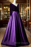 Dark Purple Long Sleeves V-neckline Velvet and satin Long Party Dress, Long Evening Dress Prom Dress