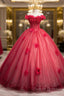Dark Red Beading Prom Dress With Corset, Off The Shoulder Short Sleeve Floor-Length Party Dress