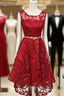 Dark Red High Low Lace Party Dress Homecoming Dress, Red Short Prom Dress