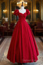 Dark Red Short Sleeve Long Prom Dress, Beautiful A-Line Evening Party Dress