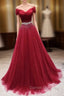 Dark Red Tulle Off Shoulder Long Prom Dress, Beaded Party Dress