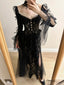 Dark Vintage Black Long Sleeve High-Slit Lace Tulle Prom Dress Evening Dress