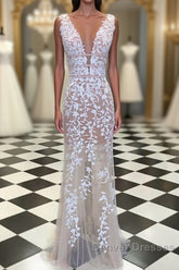 Deep V Neck Champagne Lace Prom Dress, V Neck Champagne Lace Wedding Dress Formal Evening Dress