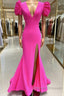 Deep V-Neck Hot Pink Mermaid Long Prom Dress With Balloon Sleeves