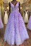 Deep V Neck Purple Lace Long Prom Dress, Purple Lace Formal Dress, Purple Evening Dress