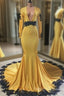 Deep V Neck Yellow Prom Dress Black Lace Applique Evening Gown