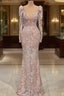 Designer Pink V-neck Lace Mermaid Prom Dress Evening Gowns With Long Sleeves