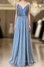 Double-Strap Dusty Blue Velvet Long Bridesmaid Dress