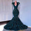 Dark Green Sequined Mermaid Prom Dresses, 2025 For African Black Girls Court Train Feather V Neck Sexy Formal Party Gowns