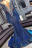 Luxury Navy Blue Long Sleeve Mermaid Prom Dresses, Sequines See Through Neckline Evening Dresses