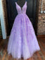 Deep V Neck Purple Lace Long Prom Dresses, Purple Lace Formal Graduation Evening Dresses