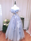 Dreamy Light Blue Butterfly Off-Shoulder Tulle Floor Length Ball Gown Evening Dress