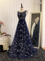 Dreamy Starry Sky Navy Blue A-Line Crew Neck Star-Patterned Tulle Train Prom Dress Evening Dress