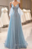 Dusty Blue Sparkly Tulle Long Prom Dress, A-Line Spaghetti Strap Evening Dress