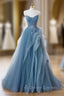 Dusty Blue Tulle Floor Length Prom Dress, Blue Off the Shoulder Removable Sleeve Evening Dress