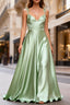 Dusty Sage Classy Satin Long Prom Dress with Pleated