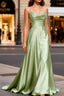 Dusty Sage Classy Satin Long Prom Dress with Pleated