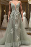 Dusty Sage Prom Dress Plunging V Neck Appliques Lace-Up A-line Long Evening Gown