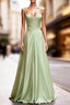 Dusty Sage Satin Long Classy Prom Dress with Pleated