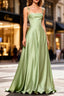 Dusty Sage Unique Satin Long Prom Dress with Pleated