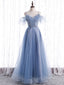 Elegant A line Tulle Sequin Blue Long Prom Dress, Tulle Blue Formal Evening Dress