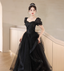 Elegant Black A-Line Square Neck Puff Sleeve Tulle Long Prom Dress Evening Dress