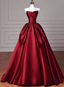 Elegant Burgundy A-Line Strapless Satin Train Prom Dress Evening Dress