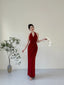 Elegant Burgundy Fitted Halter Neck Deep V-Neck Satin Long Prom Evening Dress