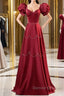 Elegant Burgundy Satin Long Prom Dress With Beaded, Burgundy Short Sleeve Evening Dress
