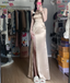Elegant Champagne High-Slit Satin Long Prom Dress Evening Dress