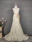 Elegant Champagne Off-White Sweetheart Neck Lace Train Prom Dress Evening Dress
