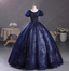 Elegant Court Navy Blue Crew Neck Puff Sleeve Embroidered Tulle Ball Gown Evening Dress Sweet 16 Dress
