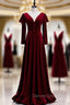 Elegant Dark Burgundy Velvet Long Sleeve Prom Dress