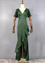 Elegant Dark Green Ruffled V-Neck Asymmetrical Hem Satin Prom Dress Evening Dress