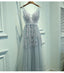 Elegant Gray A-Line Tulle Long Prom Dress V Neck Prom Dresses Lace Evening Dress