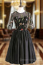 Elegant Half Sleeves Satin Ball Gown Short Sexy See Through Black Prom Dress