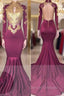Elegant High-Neck Long-Sleeves Gold-Appliques Backless Prom Dress