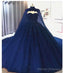 Elegant Lace Embroidery Tulle Beaded Quinceanera Prom Dresses Navy Blue Ball Gown With Cape