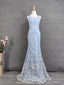 Elegant Light Blue Square Neck Spaghetti Strap Mermaid Sequin Tulle Long Prom Dress Evening Dress