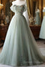 Elegant Light Green A-Line Tulle Off The Shoulder Long Prom Dress Evening Dress,