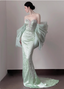 Elegant Light Mint Green Mermaid Sweetheart Neck Pearl Backless Shiny Satin Train Prom Dress Evening Dress
